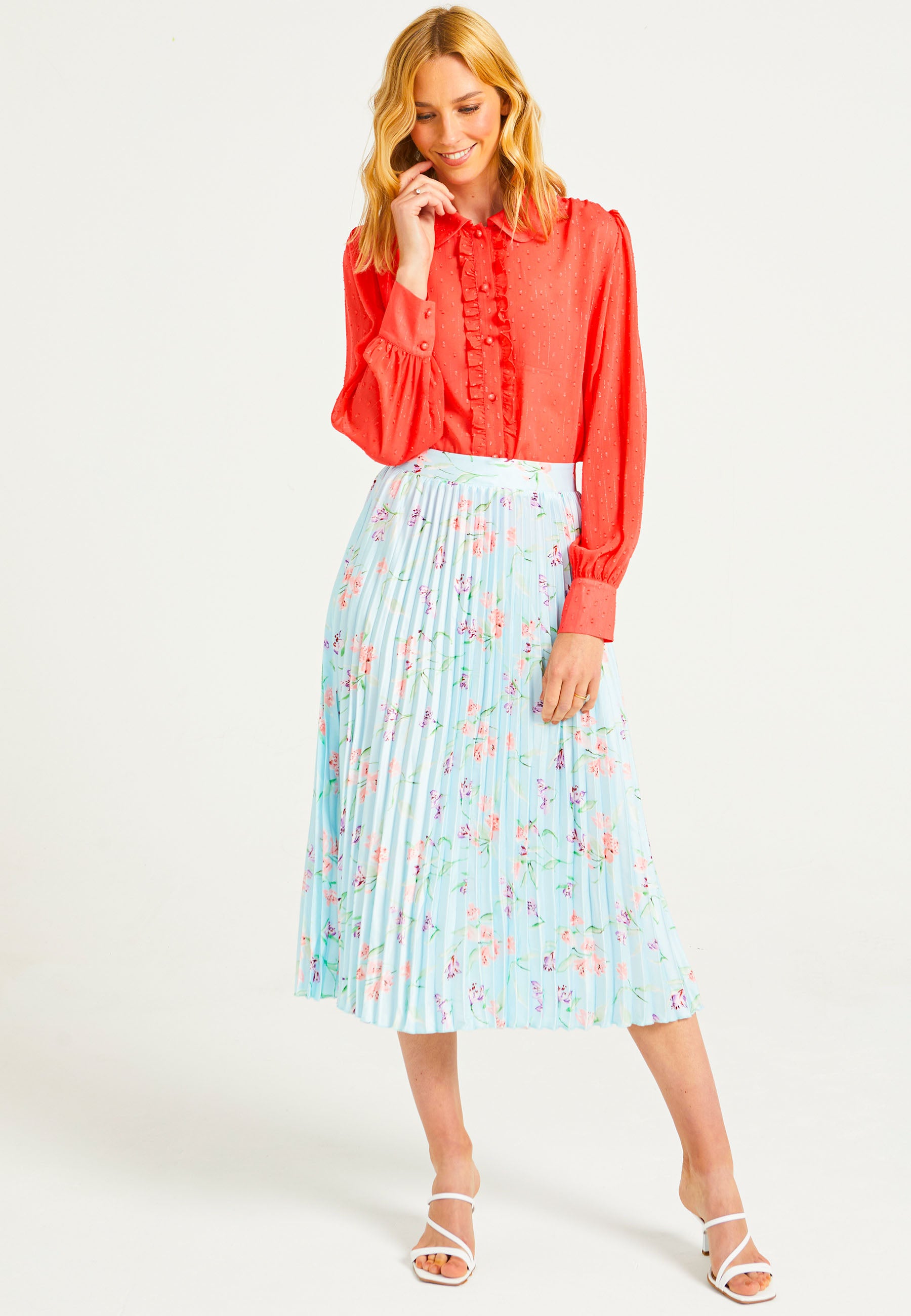 Pleated Midi Skirt in Blue Floral Print - ANGELEYE