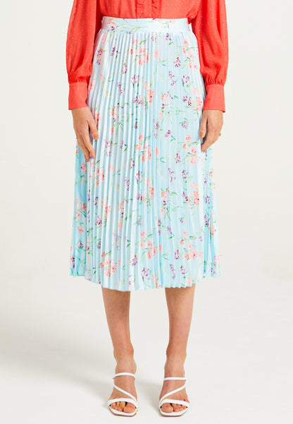 Pleated Midi Skirt in Blue Floral Print - ANGELEYE