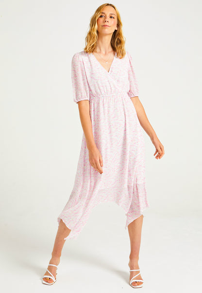 Asymmetrical Midi Dress with Faux Wrap Top in Light Pink - ANGELEYE