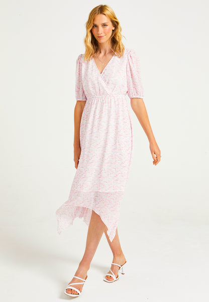 Asymmetrical Midi Dress with Faux Wrap Top in Light Pink - ANGELEYE