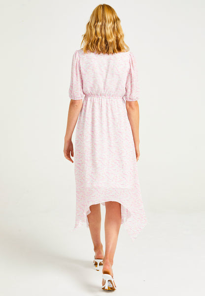 Asymmetrical Midi Dress with Faux Wrap Top in Light Pink - ANGELEYE