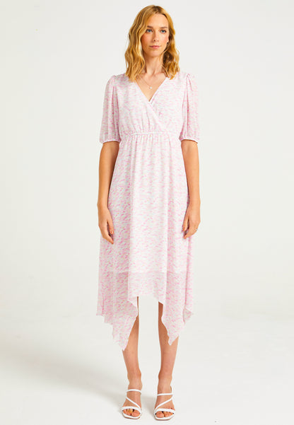 Asymmetrical Midi Dress with Faux Wrap Top in Light Pink - ANGELEYE