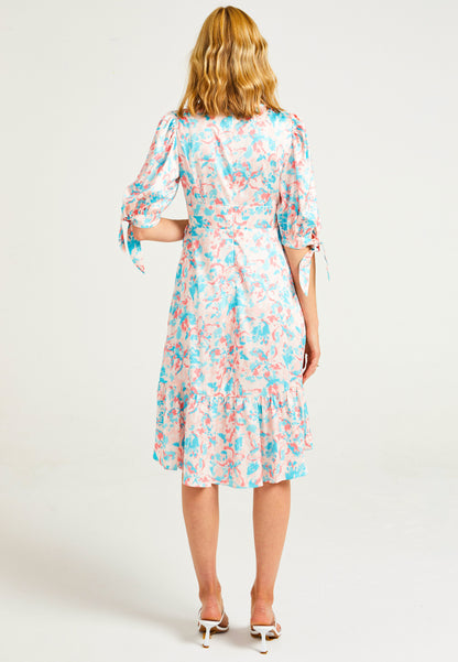 Faux Wrap Midi Dress in Peach Pink Floral Print - ANGELEYE