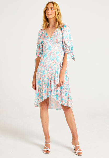 Faux Wrap Midi Dress in Peach Pink Floral Print - ANGELEYE