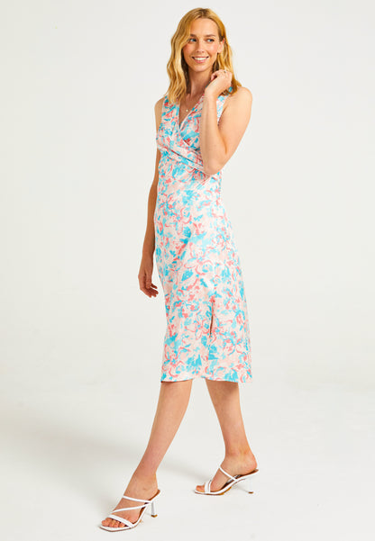 Sleeveless Collared Wrap Midi Dress in Peach Pink Floral Print - ANGELEYE