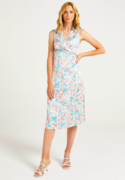 Sleeveless Collared Wrap Midi Dress in Peach Pink Floral Print - ANGELEYE