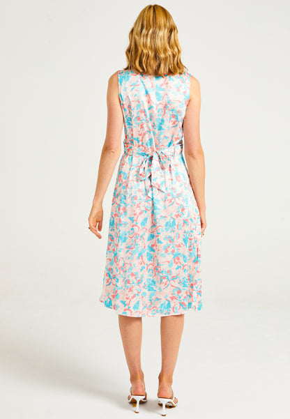 Sleeveless Collared Wrap Midi Dress in Peach Pink Floral Print - ANGELEYE