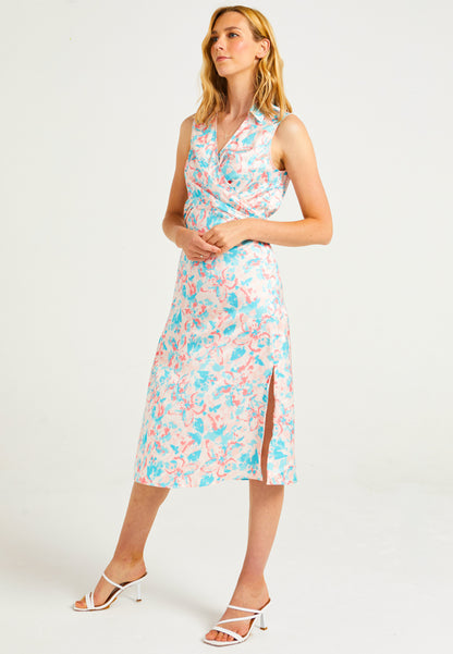 Sleeveless Collared Wrap Midi Dress in Peach Pink Floral Print - ANGELEYE