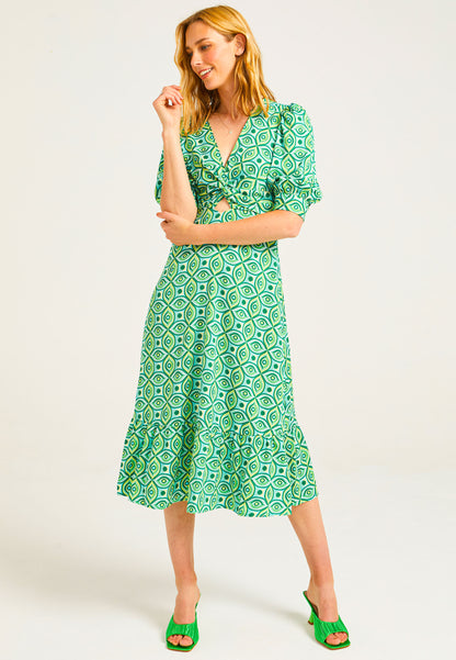 Puff Sleeve Front Knot Midi Tea Dress in Green Geometric Print - ANGELEYE