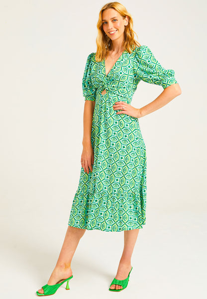 Puff Sleeve Front Knot Midi Tea Dress in Green Geometric Print - ANGELEYE