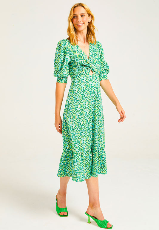 Puff Sleeve Front Knot Midi Tea Dress in Green Geometric Print - ANGELEYE