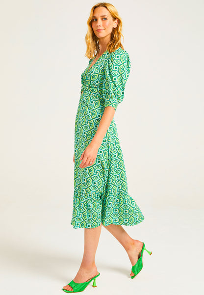 Puff Sleeve Front Knot Midi Tea Dress in Green Geometric Print - ANGELEYE