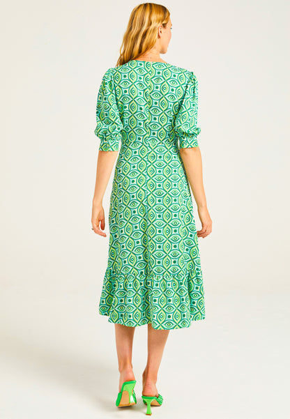 Puff Sleeve Front Knot Midi Tea Dress in Green Geometric Print - ANGELEYE