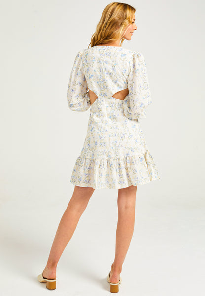 Cut-Out Mini Dress with Buckle in Cream Floral - ANGELEYE