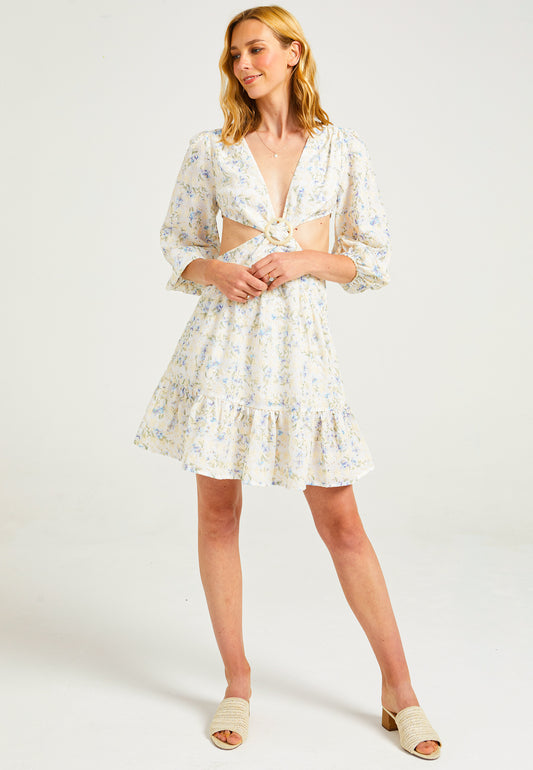 Cut-Out Mini Dress with Buckle in Cream Floral - ANGELEYE