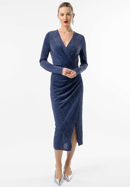 Metallic Long Sleeve Faux Wrap Midi Dress in Navy Silver - ANGELEYE