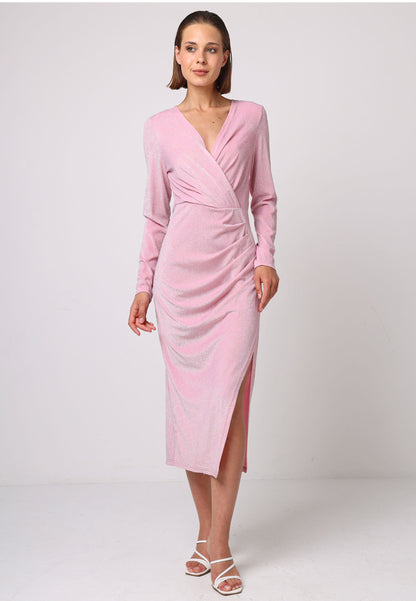 Metallic Long Sleeve Faux Wrap Midi Dress in Pink - ANGELEYE