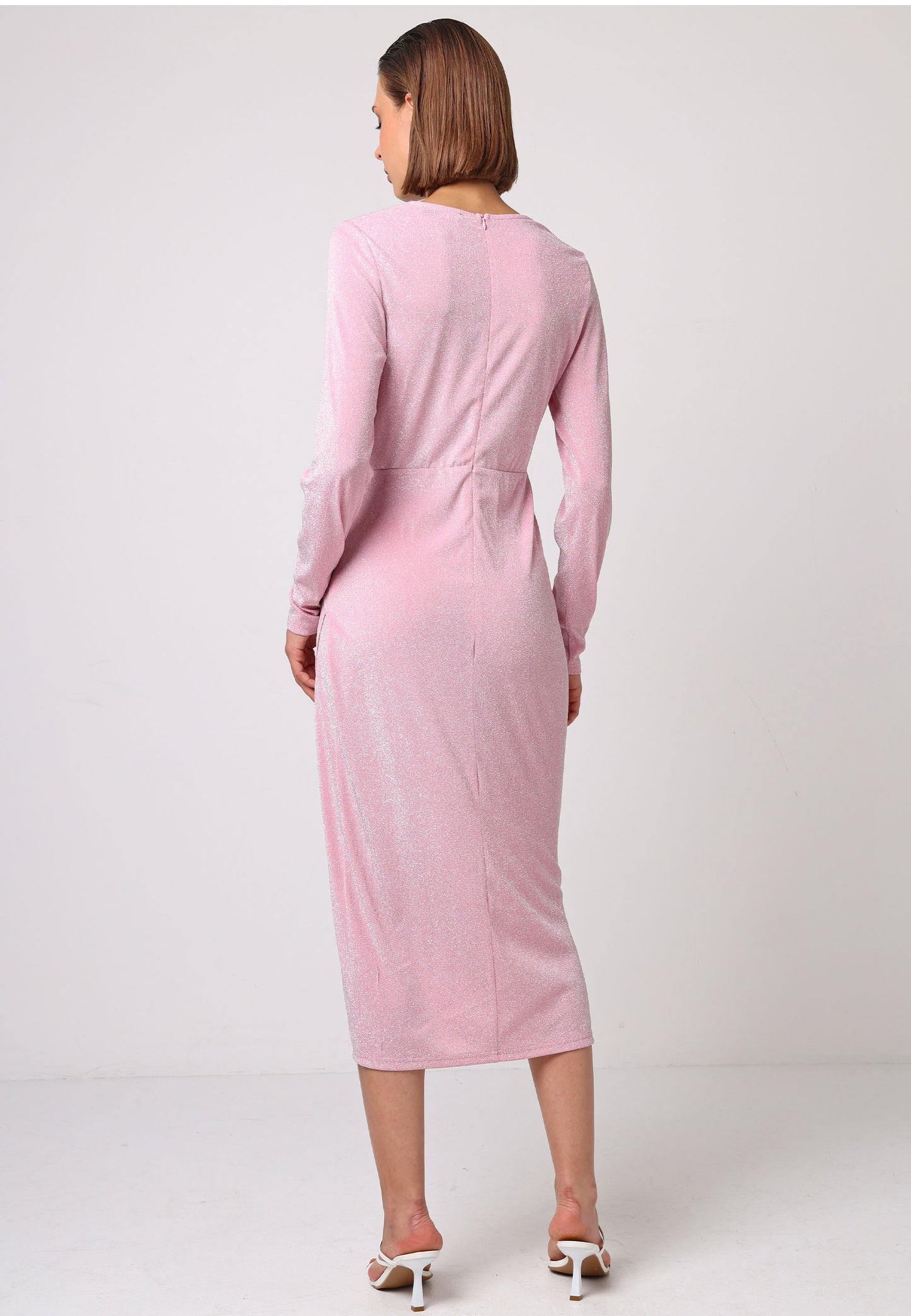 Metallic Long Sleeve Faux Wrap Midi Dress in Pink