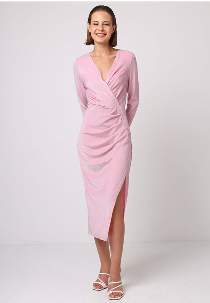 Metallic Long Sleeve Faux Wrap Midi Dress in Pink - ANGELEYE