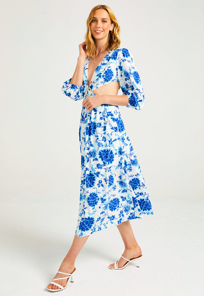 Cut-Out Midi Dress with Buckle in White Blue Floral - ANGELEYE