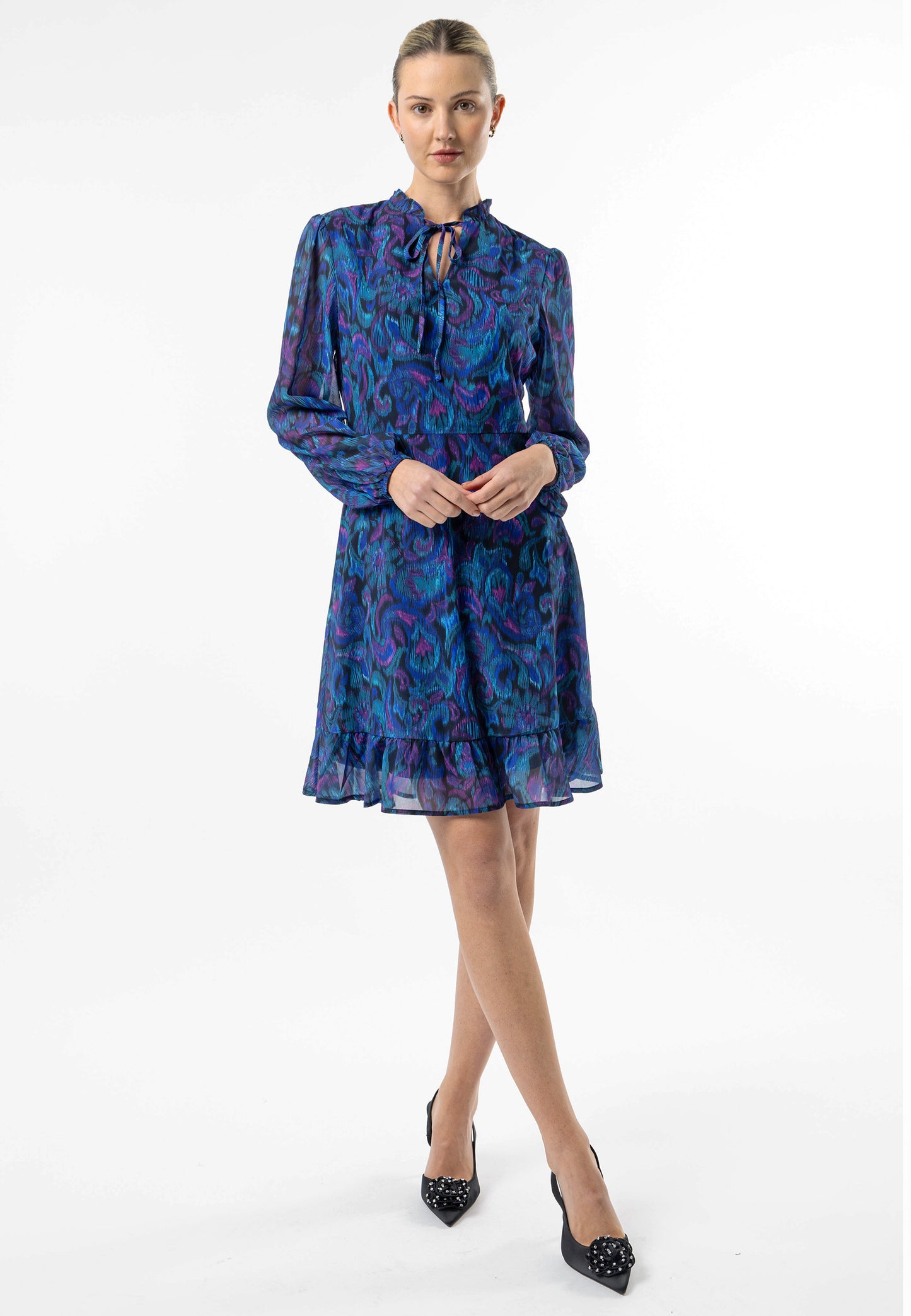 Tie Neck Chiffon Mini Dress in Blue Paisley Print