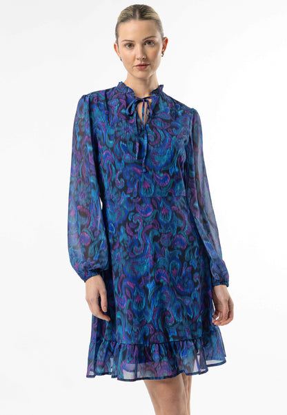 Tie Neck Chiffon Mini Dress in Blue Paisley Print - ANGELEYE