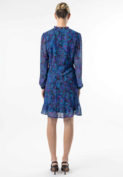 Tie Neck Chiffon Mini Dress in Blue Paisley Print - ANGELEYE