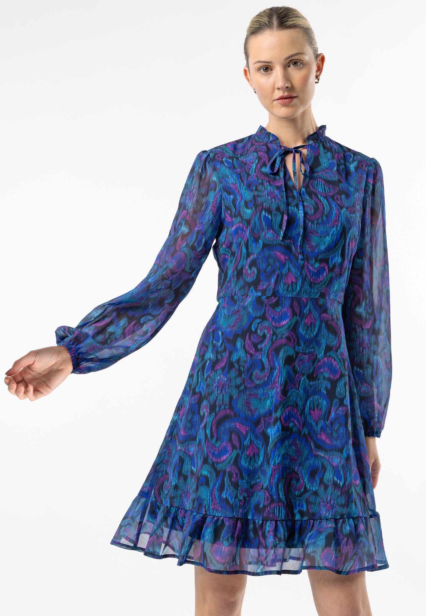 Tie Neck Chiffon Mini Dress in Blue Paisley Print