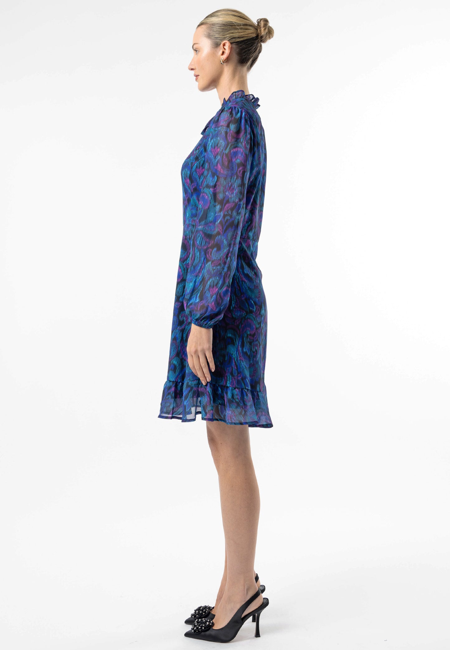 Tie Neck Chiffon Mini Dress in Blue Paisley Print