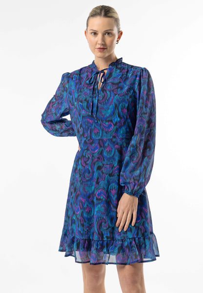 Tie Neck Chiffon Mini Dress in Blue Paisley Print - ANGELEYE