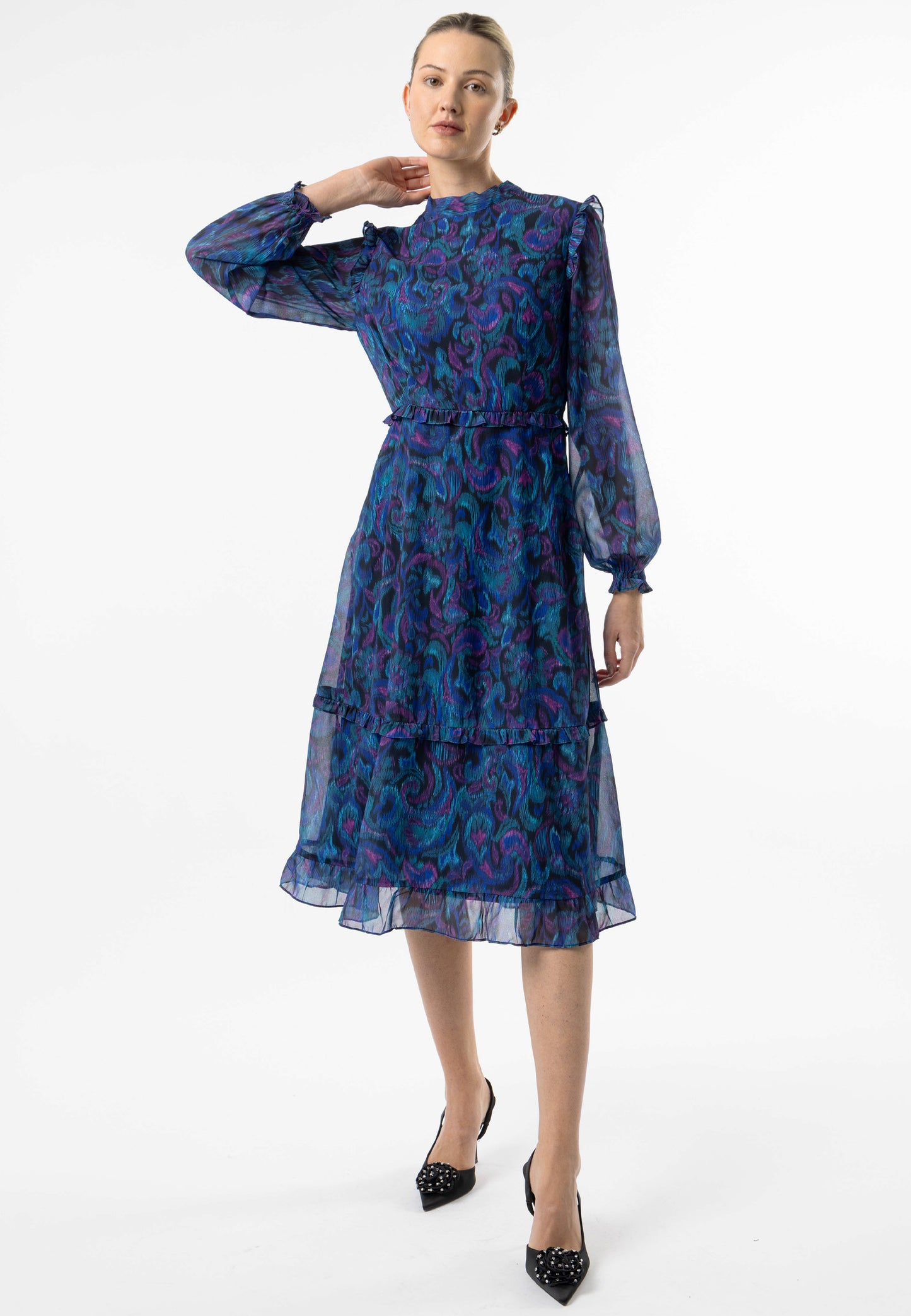 High Neck Ruffle Detail Midi Dress in Blue Paisley Print