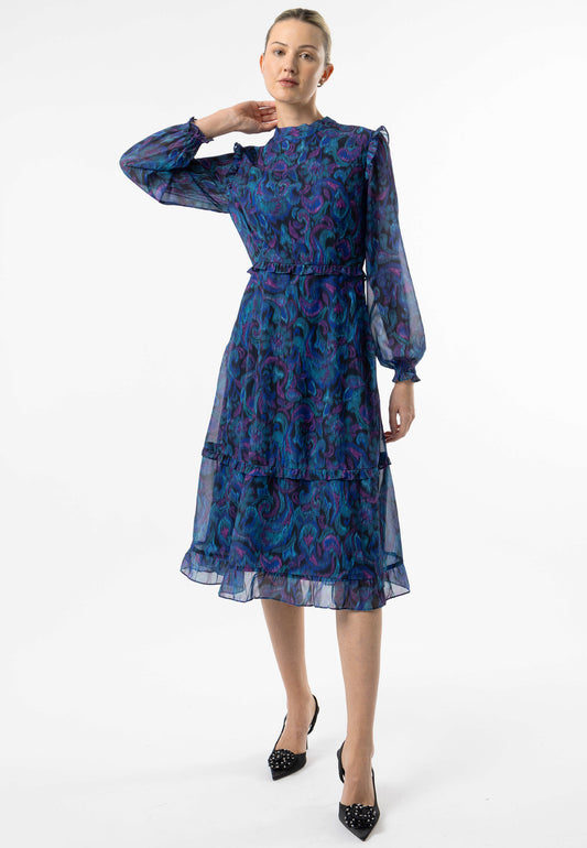 High Neck Ruffle Detail Midi Dress in Blue Paisley Print