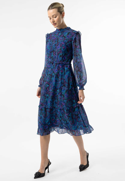 High Neck Ruffle Detail Midi Dress in Blue Paisley Print - ANGELEYE