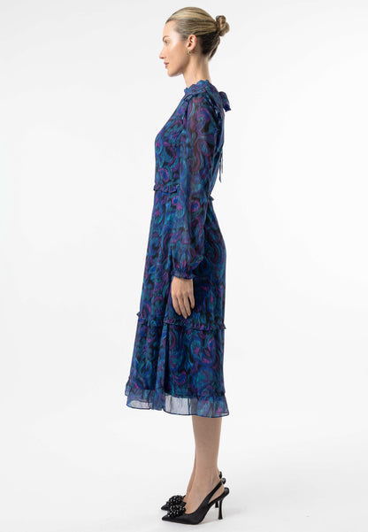 High Neck Ruffle Detail Midi Dress in Blue Paisley Print - ANGELEYE