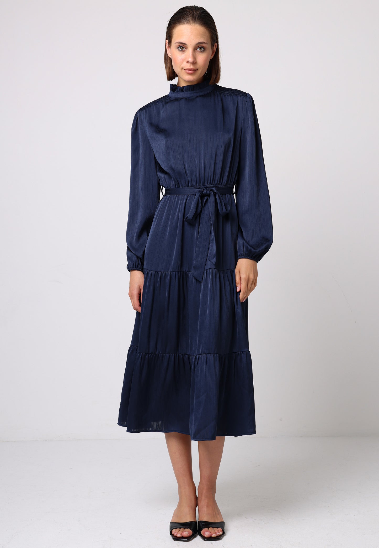 Satin Tiered Midi Dress with Tie Waist in Navy