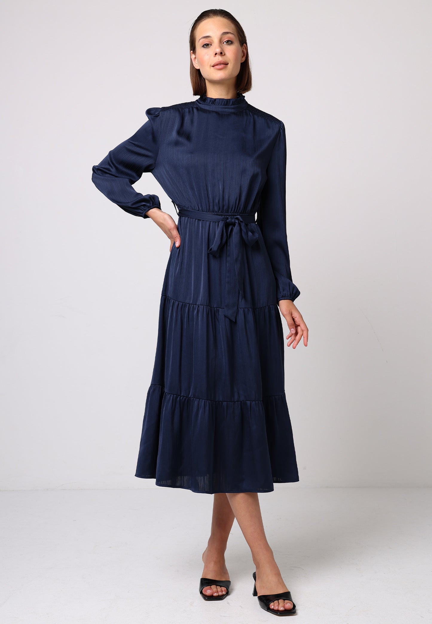 Satin Tiered Midi Dress with Tie Waist in Navy