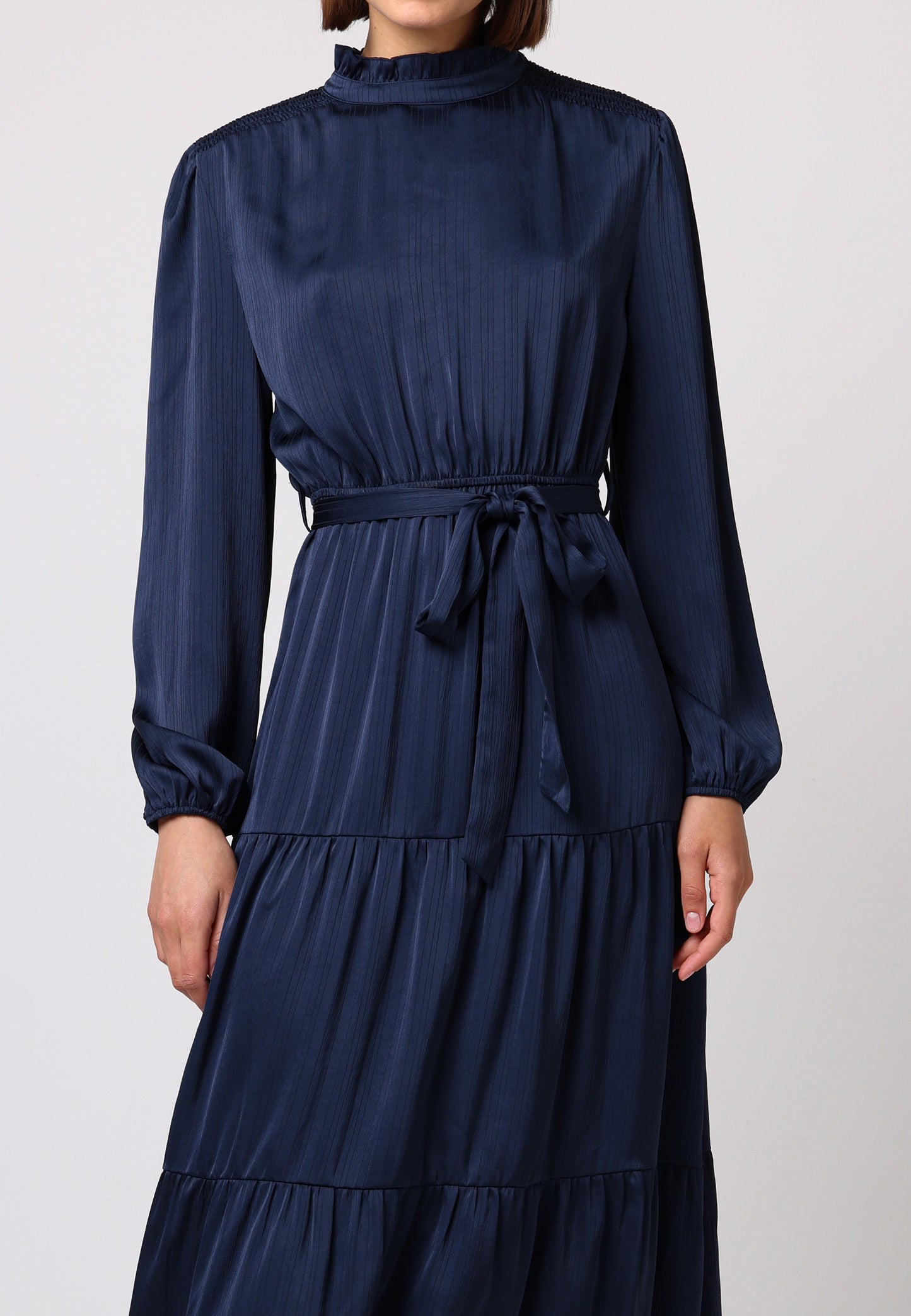 Satin Tiered Midi Dress with Tie Waist in Navy