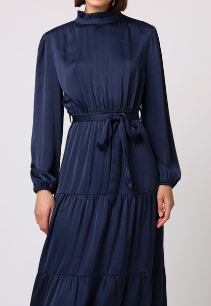 Satin Tiered Midi Dress with Tie Waist in Navy - ANGELEYE