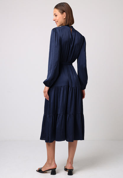 Satin Tiered Midi Dress with Tie Waist in Navy - ANGELEYE