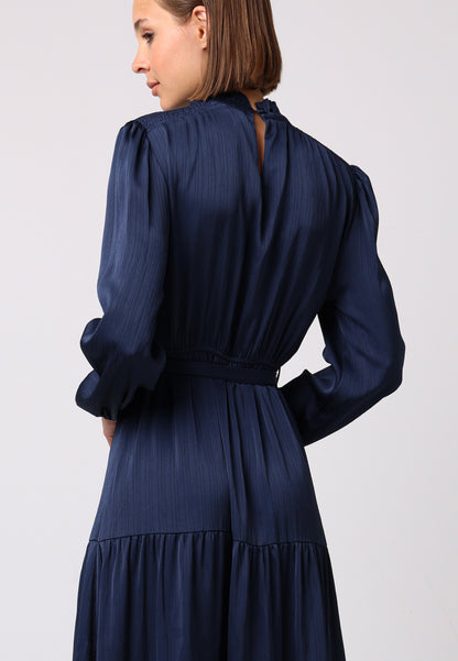 Satin Tiered Midi Dress with Tie Waist in Navy - ANGELEYE