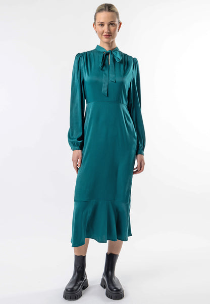 Tie Neck Satin Midi Dress in Green - ANGELEYE