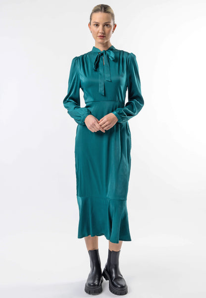 Tie Neck Satin Midi Dress in Green - ANGELEYE