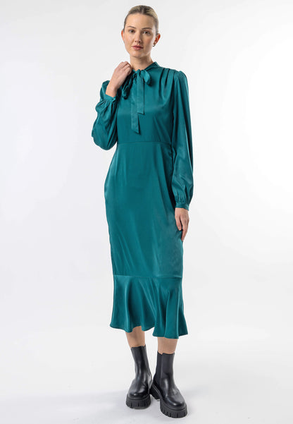 Tie Neck Satin Midi Dress in Green - ANGELEYE