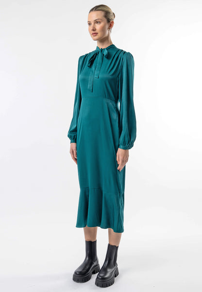 Tie Neck Satin Midi Dress in Green - ANGELEYE