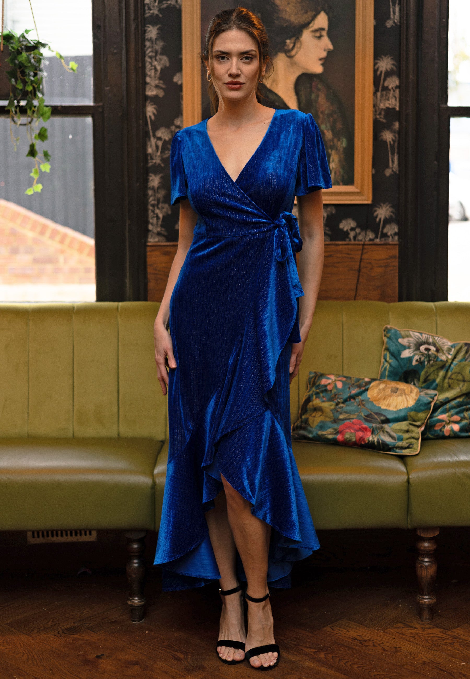 Glitter Velvet Ruffle Wrap Midi Dress in Blue | ANGELEYE Glitter Velvet Ruffle Wrap Midi Dress in Blue | ANGELEYE