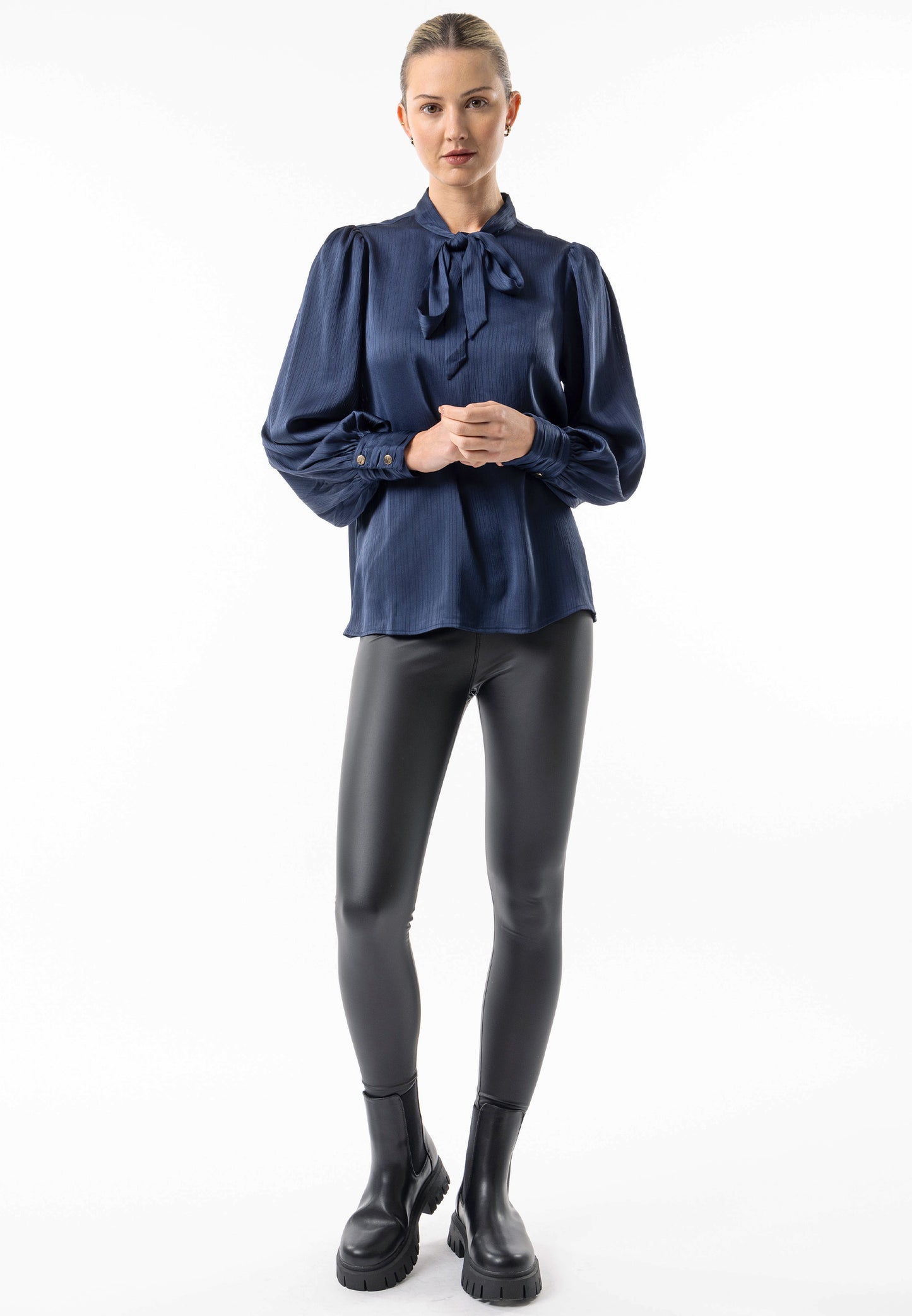 Satin Textured Tie Neck Blouse in Navy