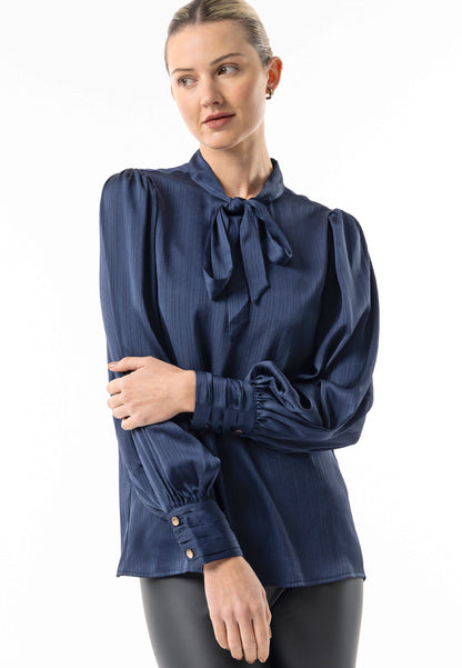 Satin Textured Tie Neck Blouse in Navy - ANGELEYE