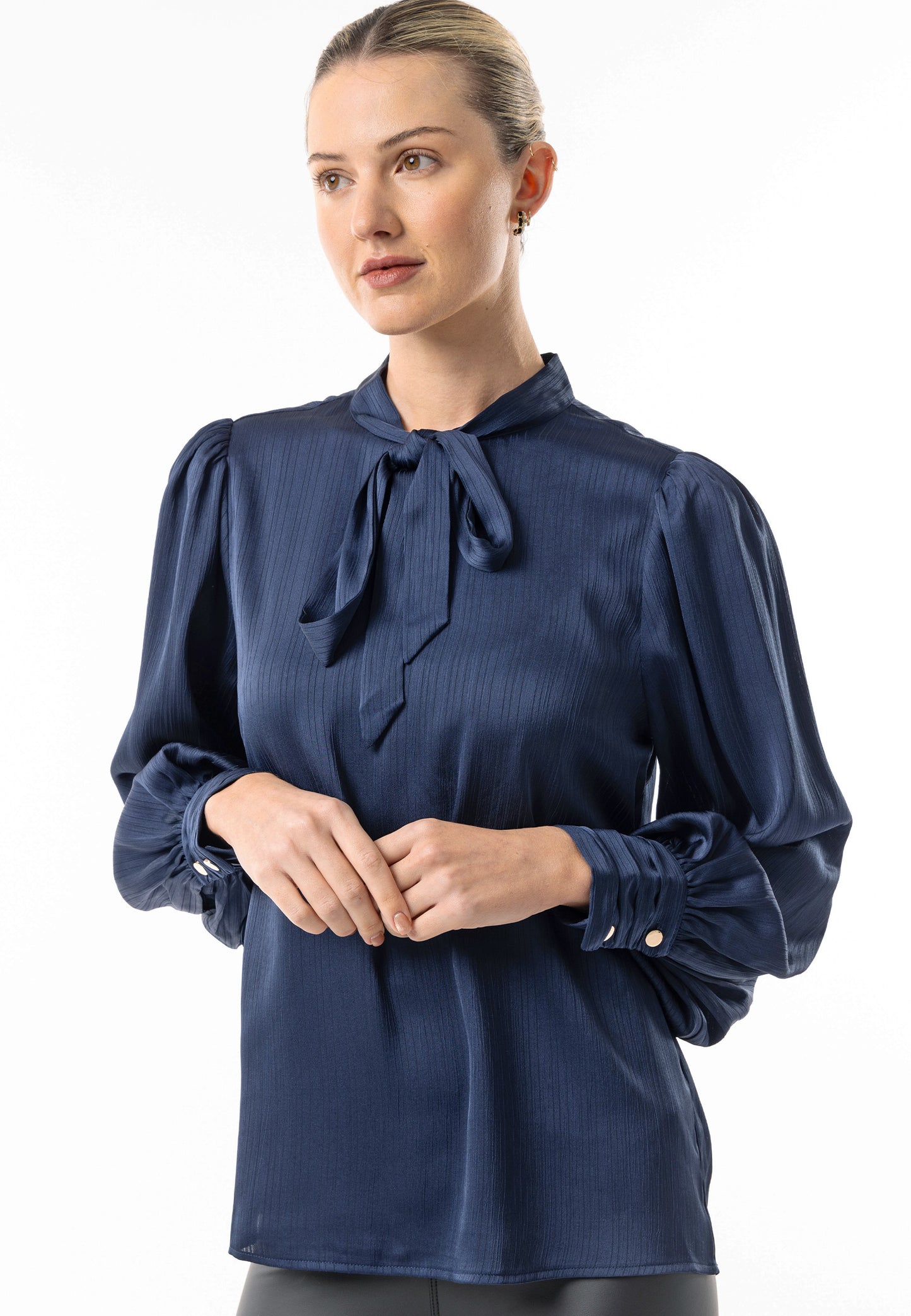 Satin Textured Tie Neck Blouse in Navy