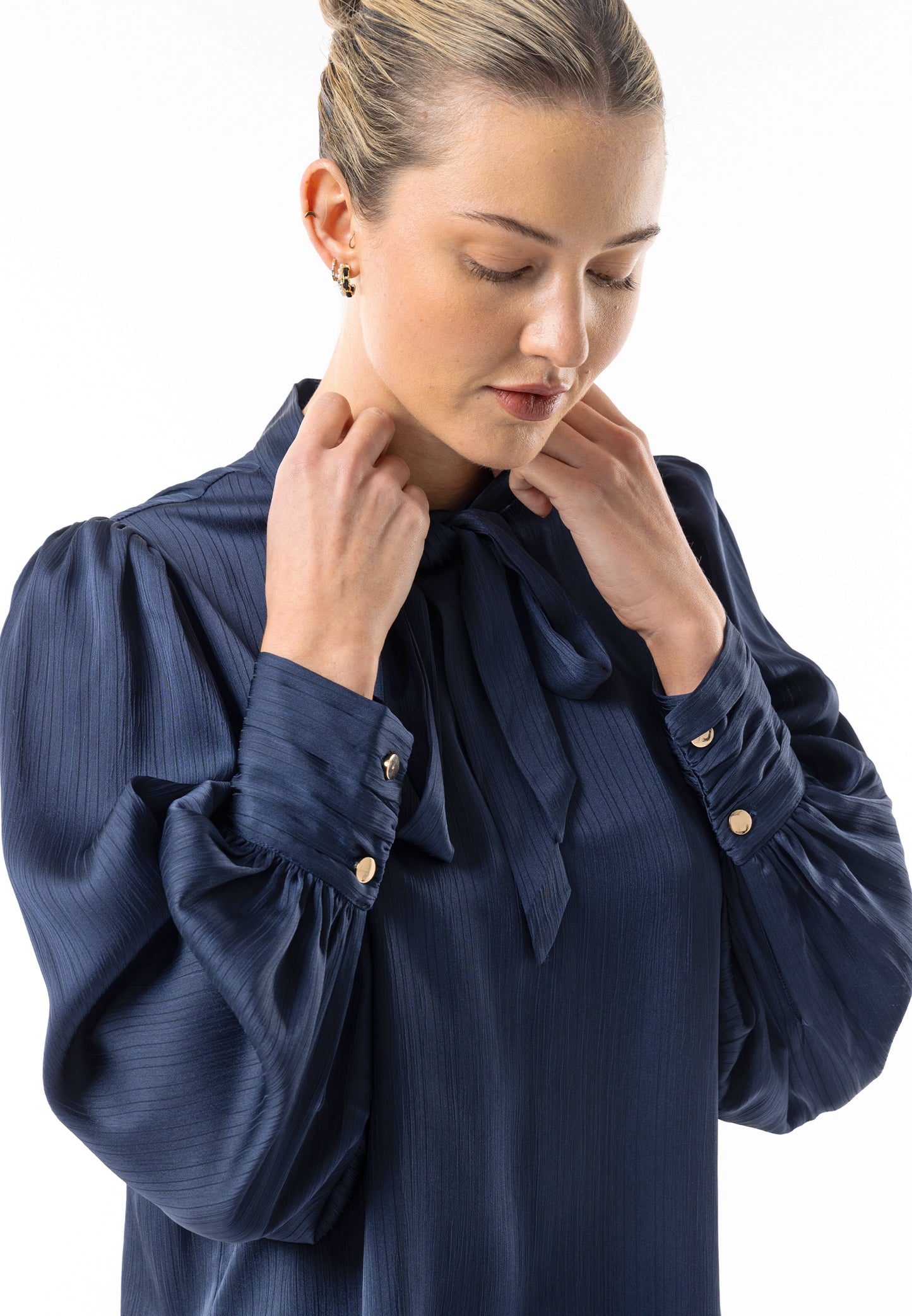 Satin Textured Tie Neck Blouse in Navy