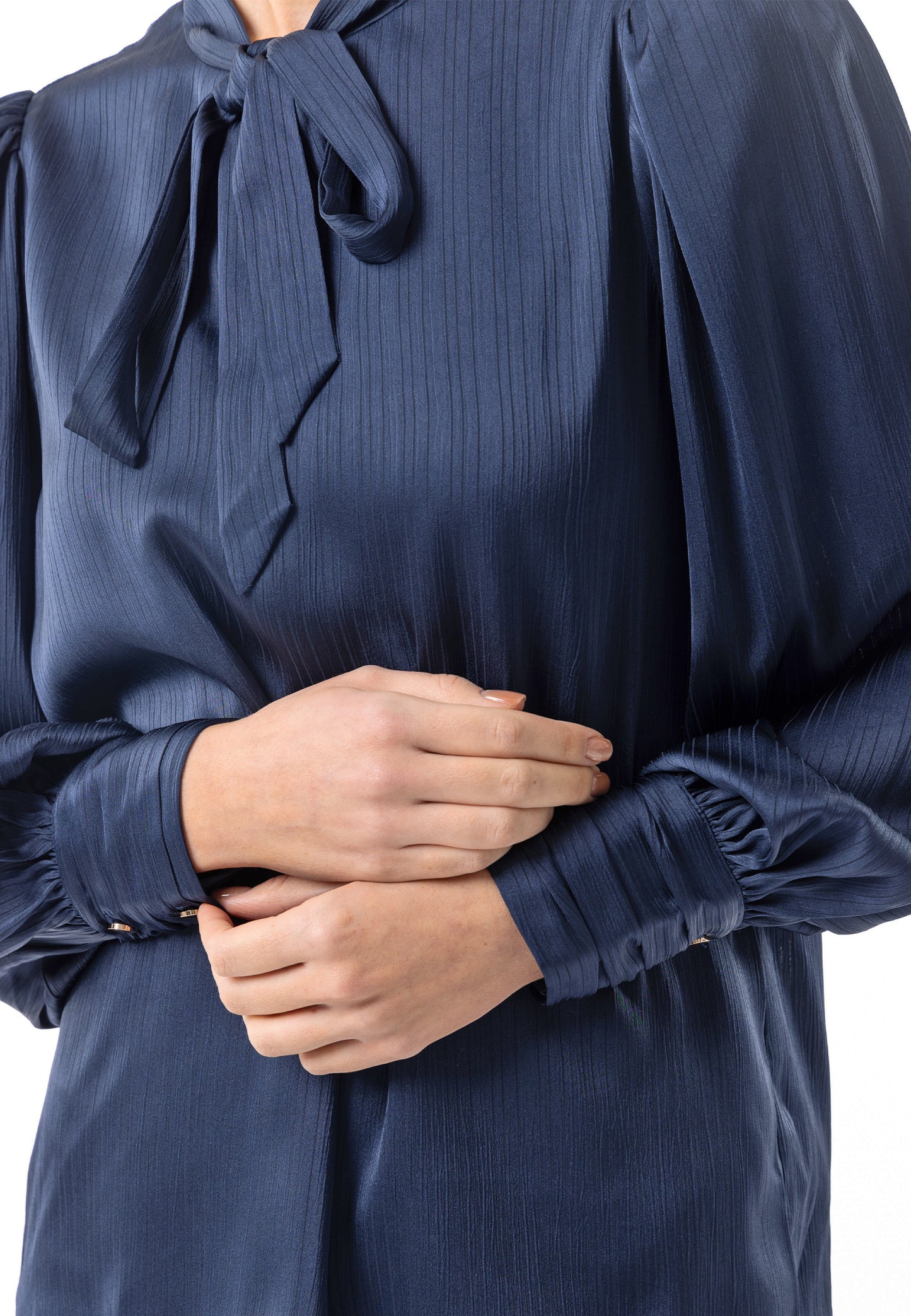 Satin Textured Tie Neck Blouse in Navy